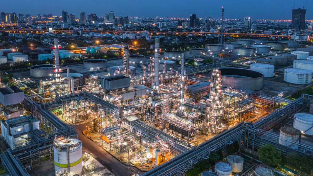 Aerial of a power plant at night