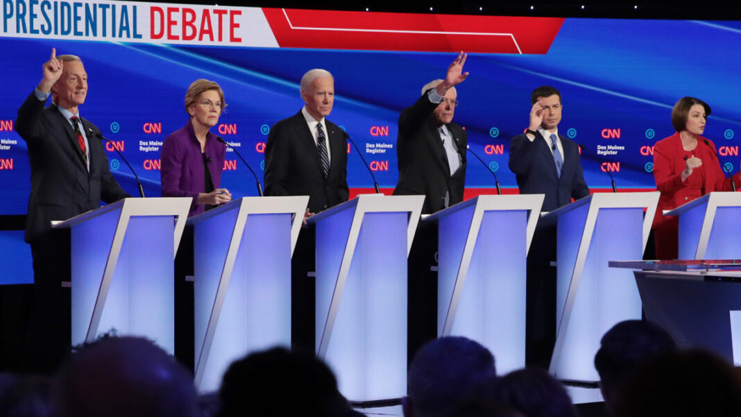 From left: Tom Steyer, Elizabeth Warren, Joe Biden, Bernie Sanders, Pete Buttigieg, Amy Klobuchar