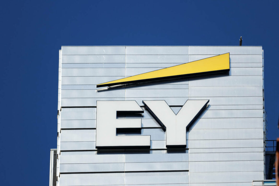 View on Ernst & Young logo on their headquarters building