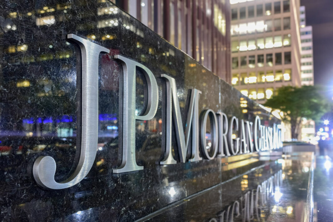The corporate sign in front of the JP Morgan Chase & Co office building
