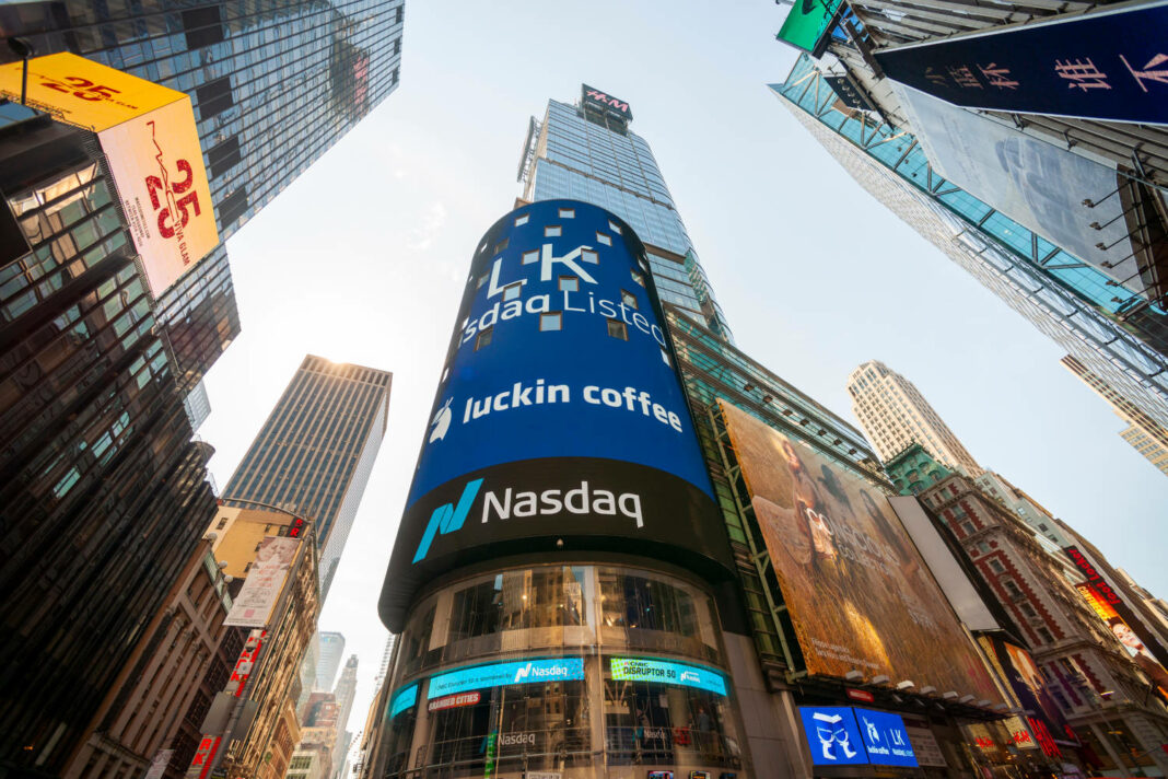 The giant video screen on the Nasdaq stock exchange in Times Square