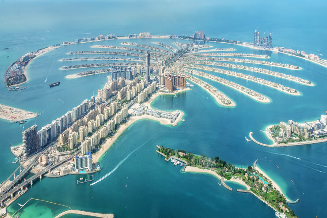 Aerial view of Dubai Palm Jumeirah island in the United Arab Emirates