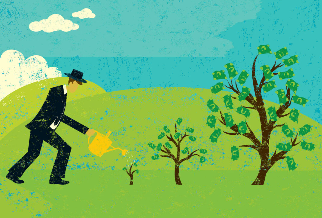 Man watering money tress that grow exponentially