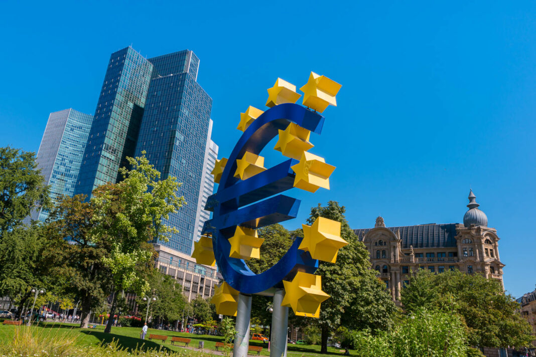 European Central Bank (ECB) sign in the financial district in Frankfurt