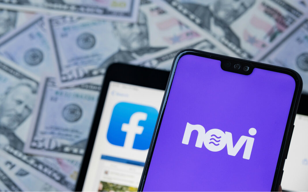 Novi logo on smartphone, facebook app and dollar banknotes on the blurred background