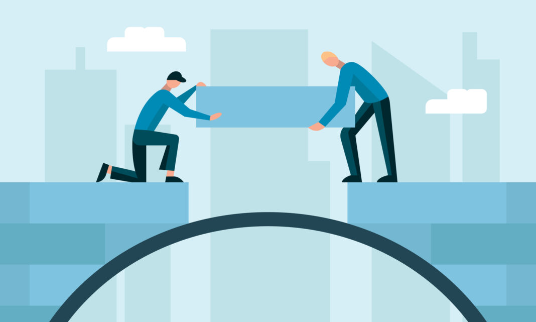 illustration of two people who are building a bridge